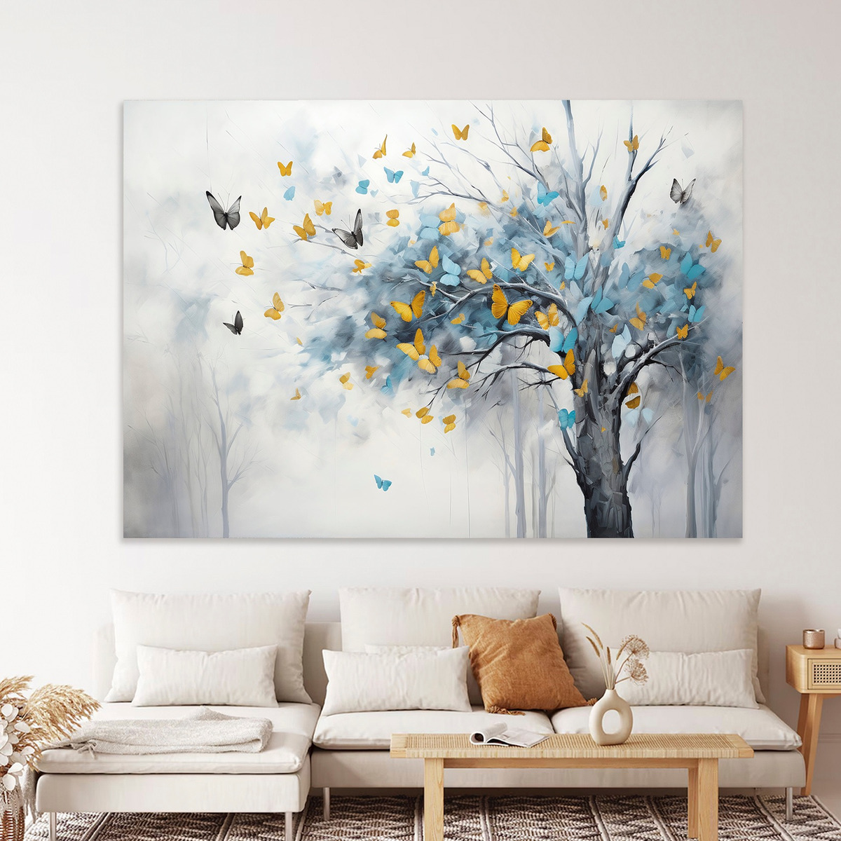 Cuadro Árbol Dorado Flores Blancas Hd Canvas Grueso 110x70cm