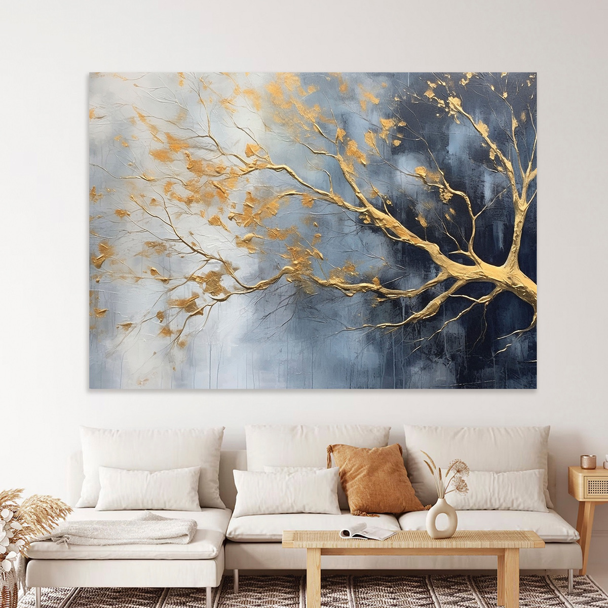 Cuadro Árbol Dorado Flores Blancas Hd Canvas Grueso 110x70cm