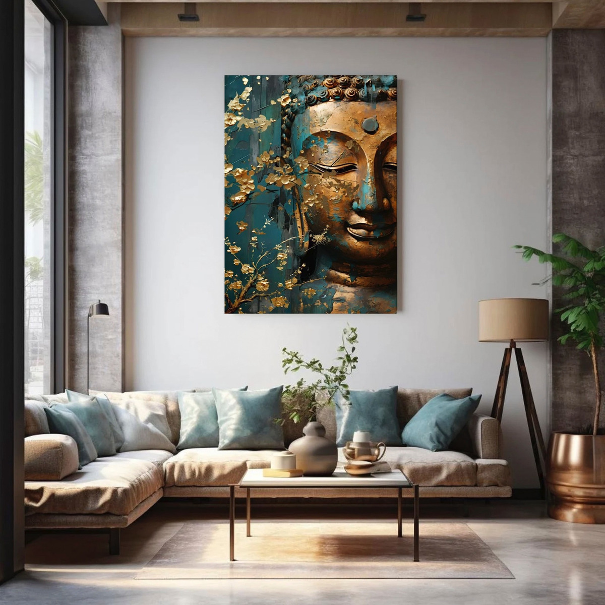 Cuadro Buda Dorado Espiritual Elegante Canvas Premium 75x100 Color Buda Gold Blue Armazón Bastidor De Madera