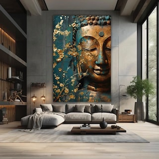 Foto 2 | Cuadro Buda Dorado Espiritual Elegante Canvas Premium 75x100 Color Buda Gold Blue Armazón Bastidor De Madera