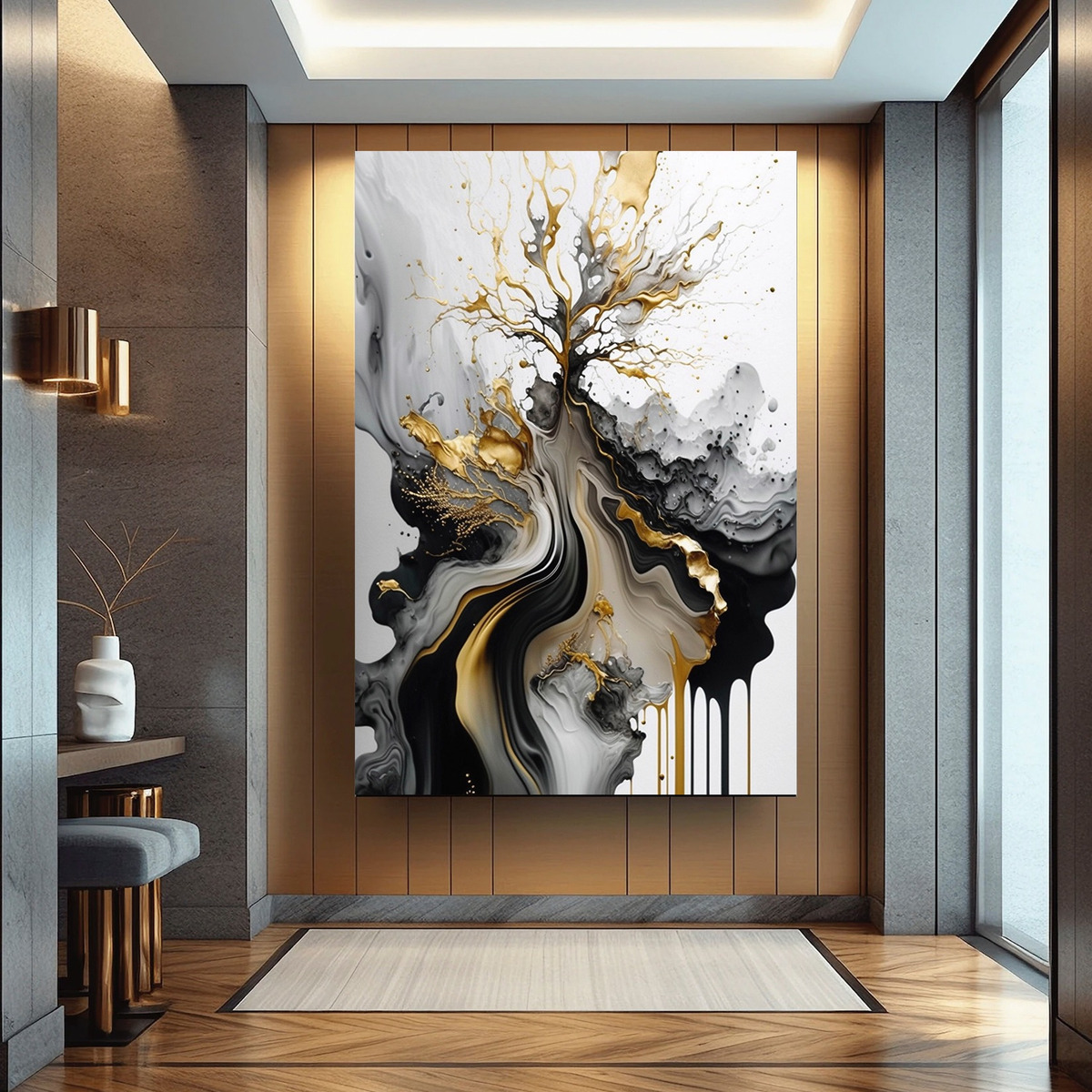 Foto 2 pulgar | Cuadro Abstracto Dorado Negro Elegante Canvas Con Bastidor