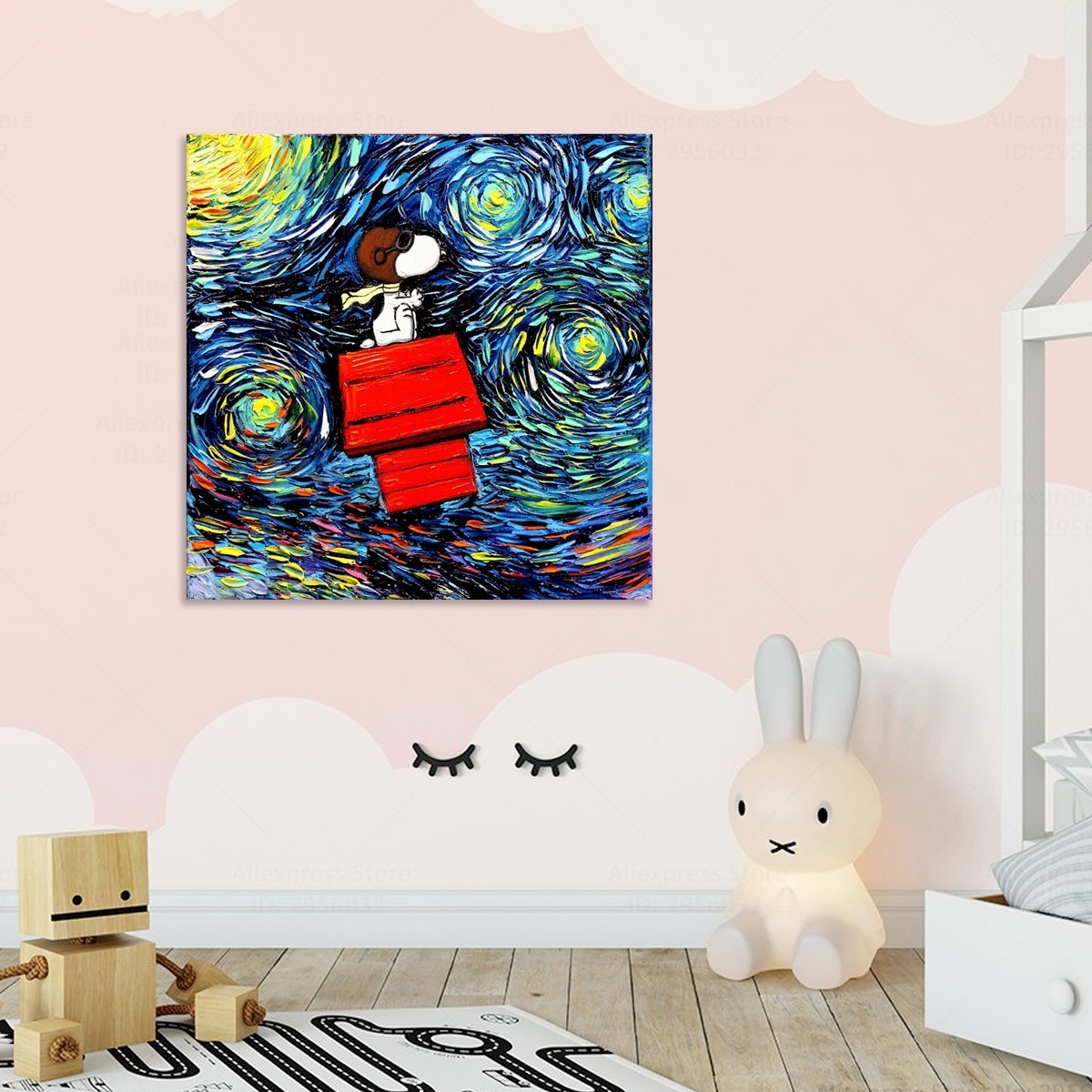 Foto 4 pulgar | Cuadro Canvas Algodón Snoopy Charlie Brown Noche Estrellada