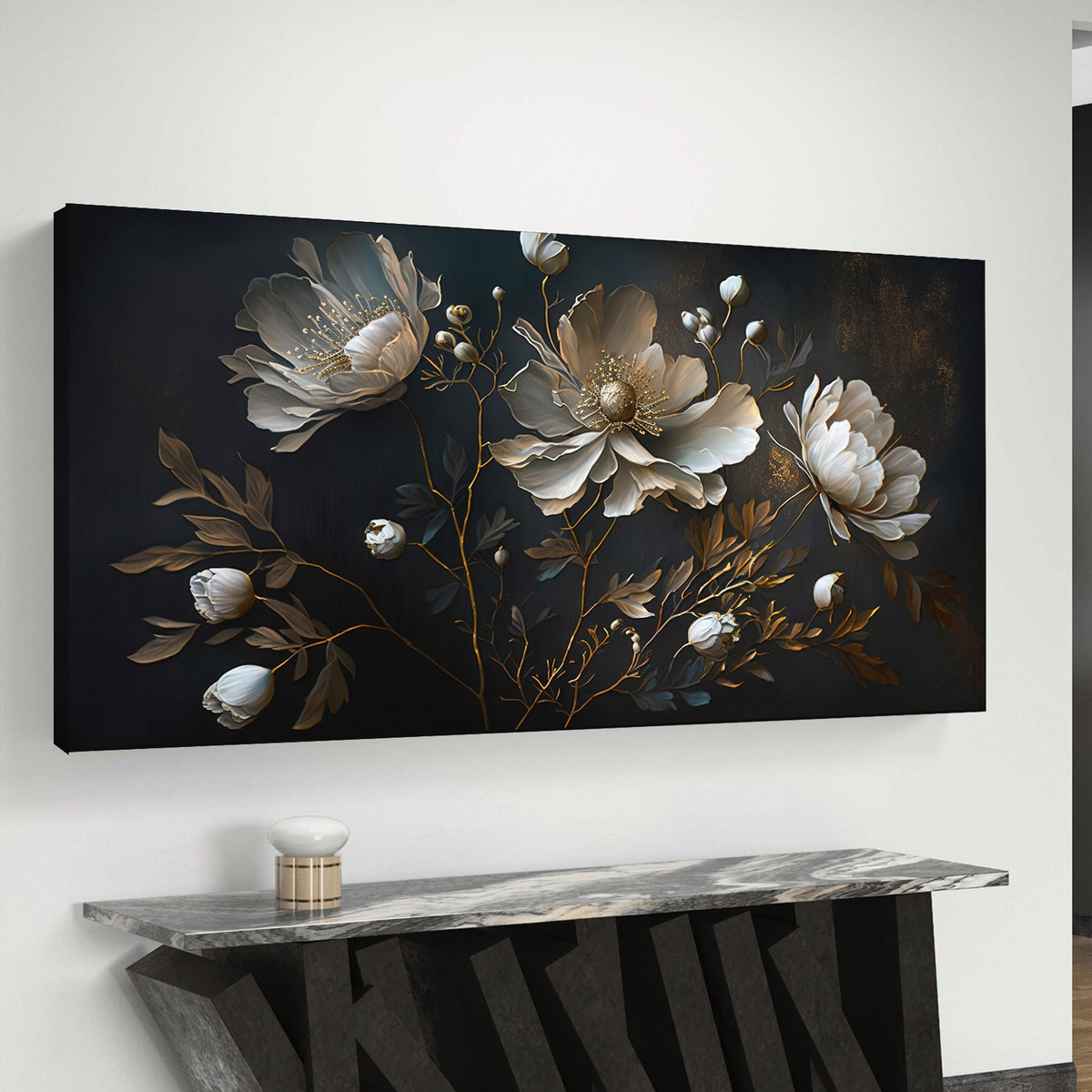 Cuadro Flores Tonos Obscuros Dorado Elegante Canvas Sala