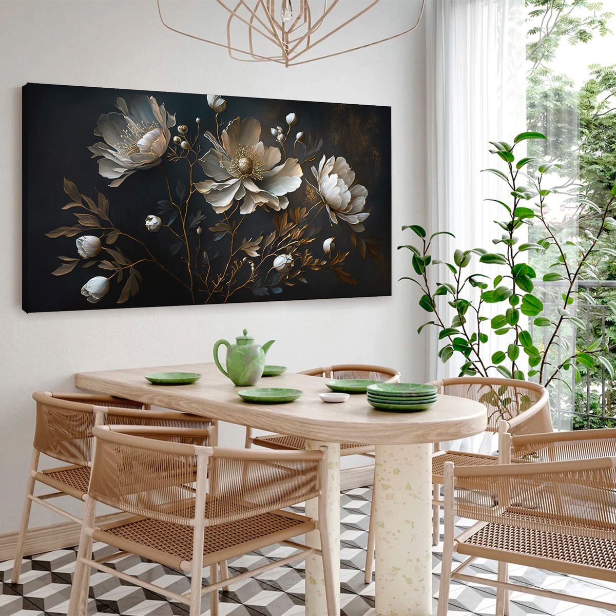 Foto 4 pulgar | Cuadro Flores Tonos Obscuros Dorado Elegante Canvas Sala