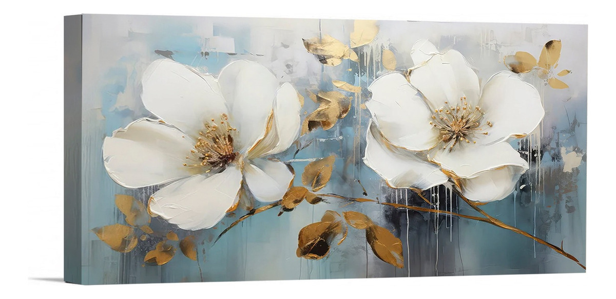 Cuadros Flores Elegantes Para Sala Canvas Listo Para Colgar Color Clores Blancas Con Azul Armazón Bastidor De Madera