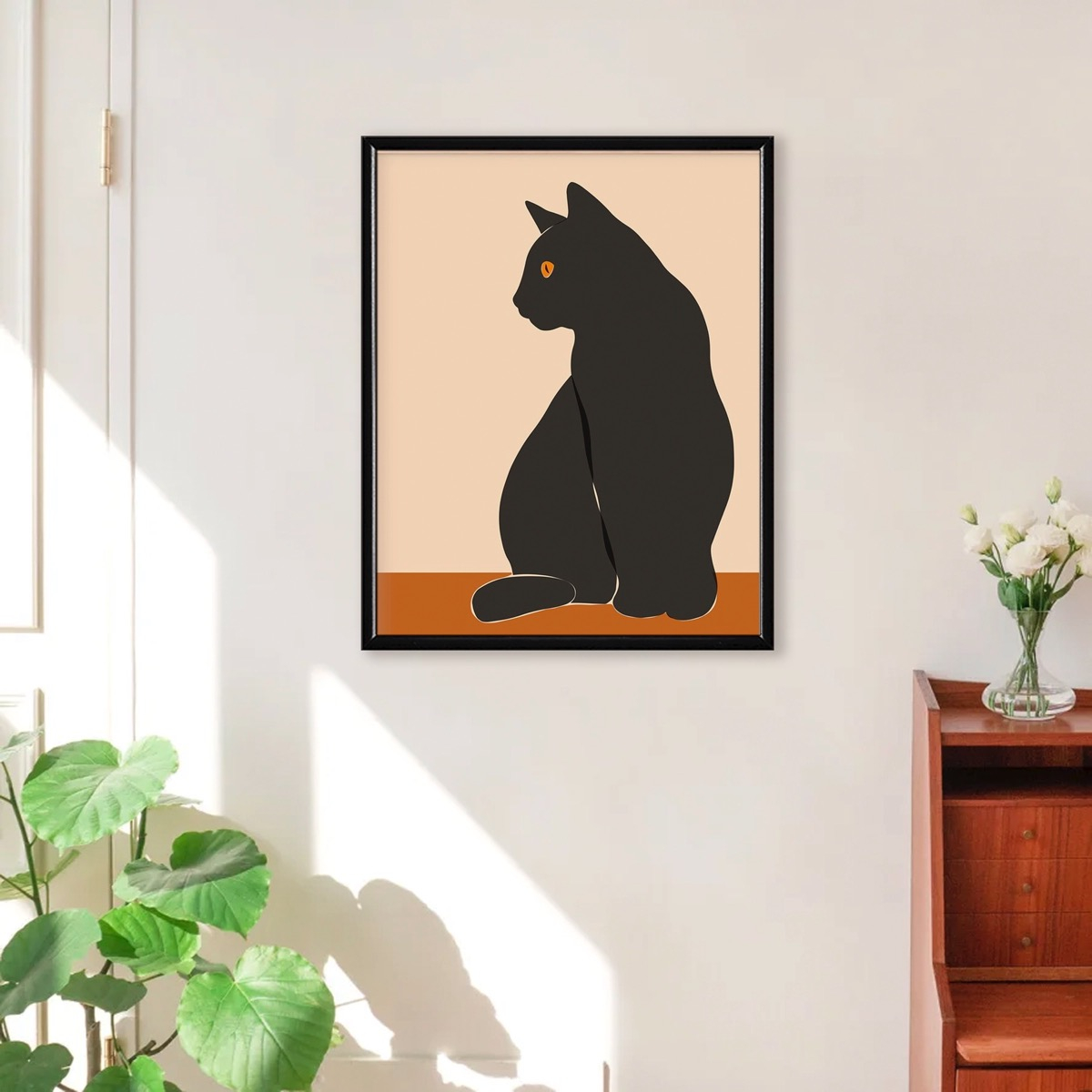 Foto 3 pulgar | Arte Gato Negro Minimalista Boho Cuadro Marco De Madera