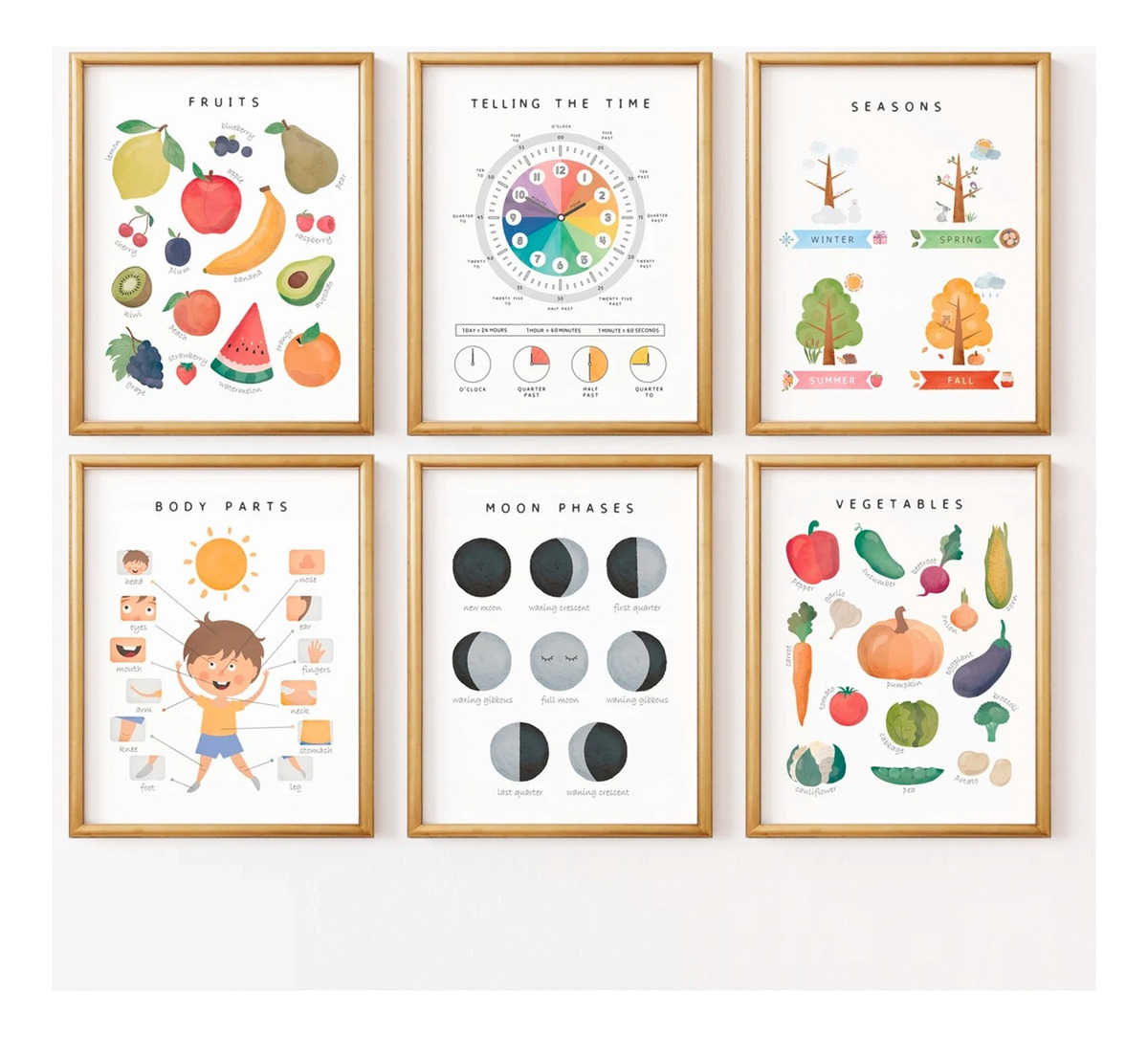 Set 3 Cuadros Educativos Montessori Inglés Marcos De Madera