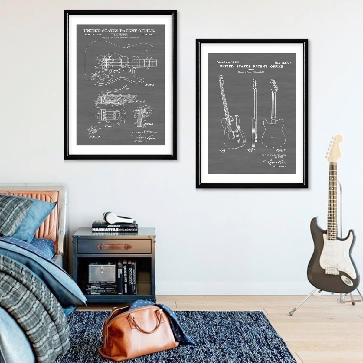 Set 2 Cuadros Guitarra Fender Electrica Patent Marco Madera