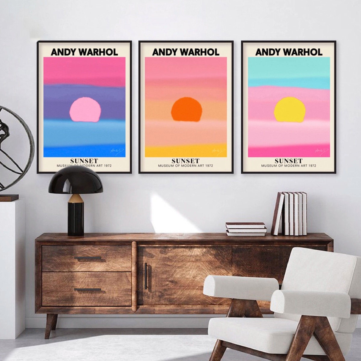 Set 3 Cuadros Andy Warhol Sunset Puesta De Sol Marco Madera