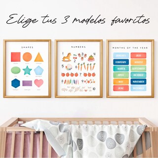 Foto 2 | Set 3 Cuadros Montessori Educativos Inglés Marcos De Madera
