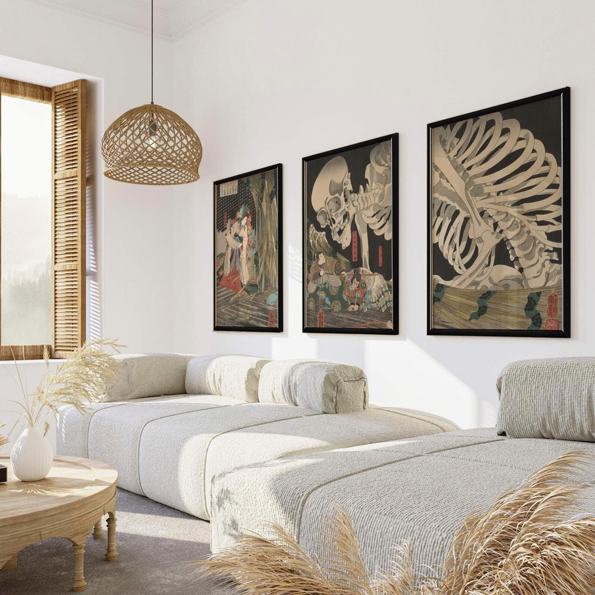Set 3 Cuadros Arte Japones Tradicional Esqueleto 60x40cm C/u