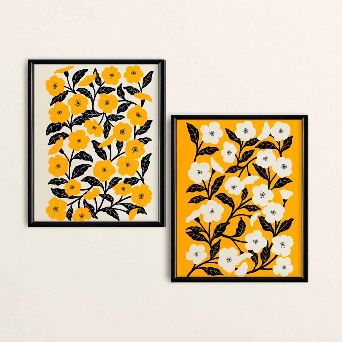Set 2 Cuadros Floral Amarillo Negro Moderno Marco Madera