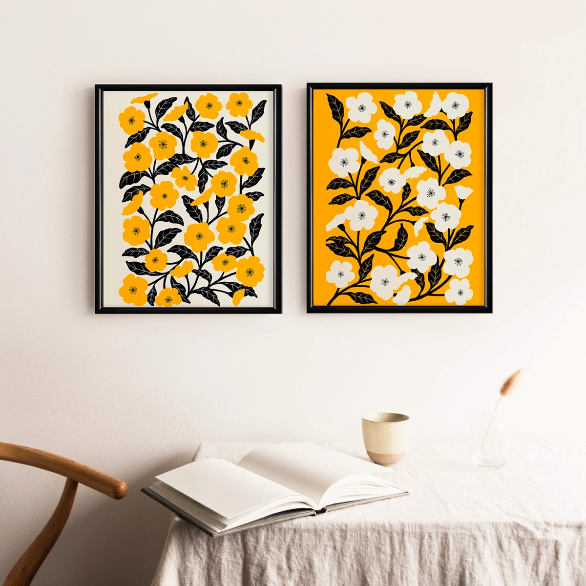 Foto 2 | Set 2 Cuadros Floral Amarillo Negro Moderno Marco Madera