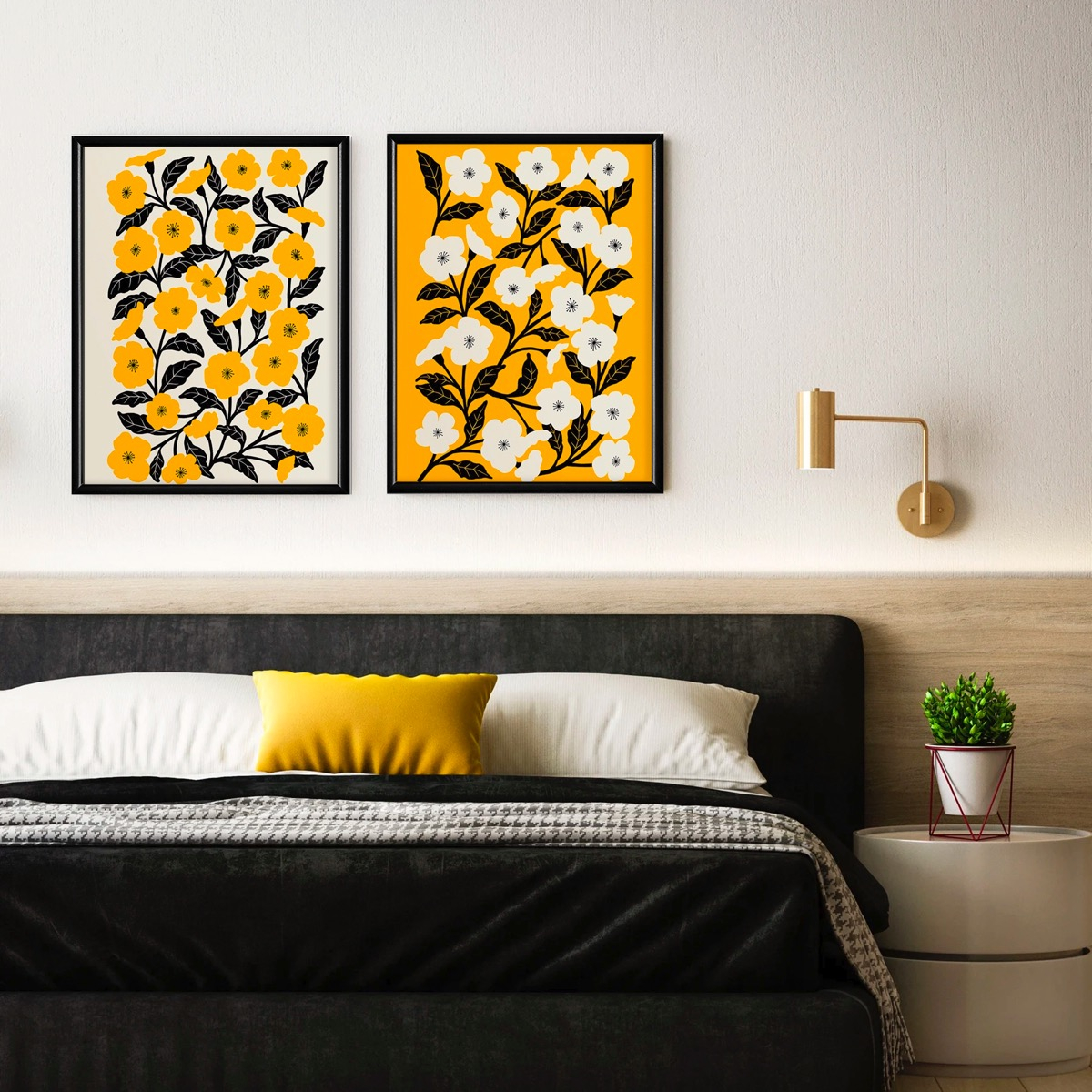 Foto 3 | Set 2 Cuadros Floral Amarillo Negro Moderno Marco Madera