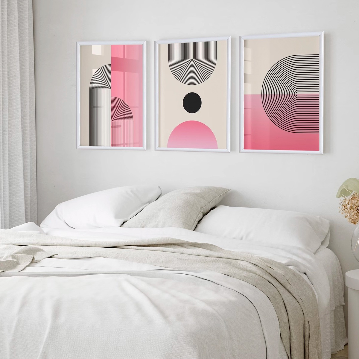 Set 3 Cuadros Rosa Pink Bauhaus Ecléctico Marcos De Madera