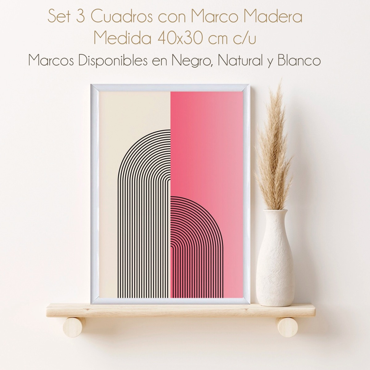Foto 4 pulgar | Set 3 Cuadros Rosa Pink Bauhaus Ecléctico Marcos De Madera