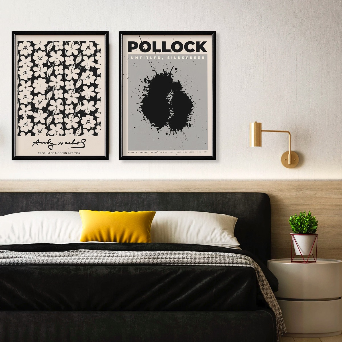 Set 2 Cuadros Warhol Y Pollock  Blanco Y Negro Marco Madera