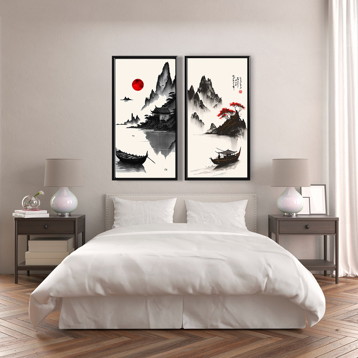 Set 2 Cuadros Arte Japonesa Minimalista Con Marco De Madera
