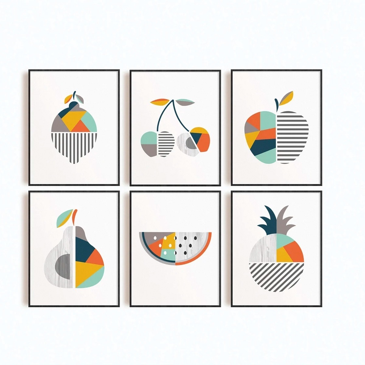 Set 6 Cuadros Frutas Comedor Moderno Abstracto Marco Madera