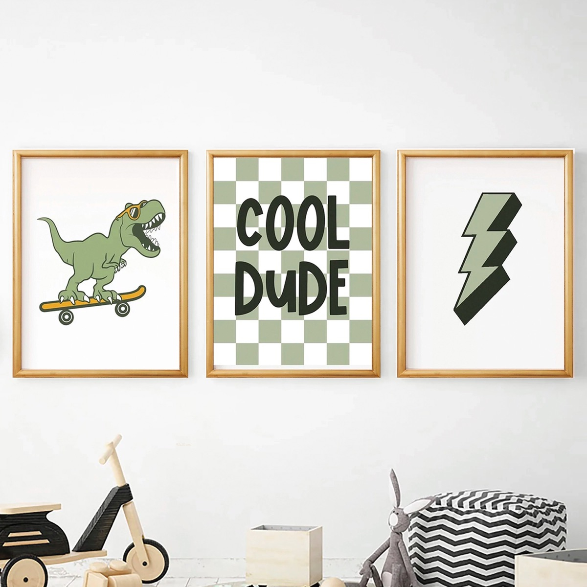 Set 3 Cuadros Niños Cool Dude T-rex Marcos De Madera