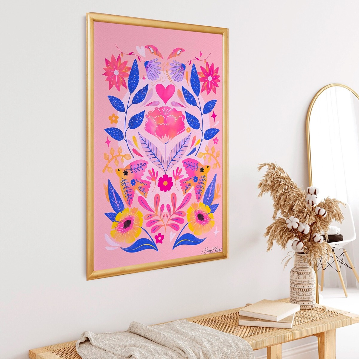 Cuadro Rosa Bohemio Arte Popular Flores Colores Marco Madera