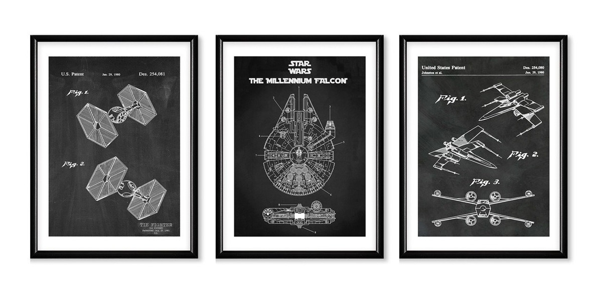 Foto 2 | Set 3 Cuadros Naves Star Wars Patentes Con Marcos De Madera
