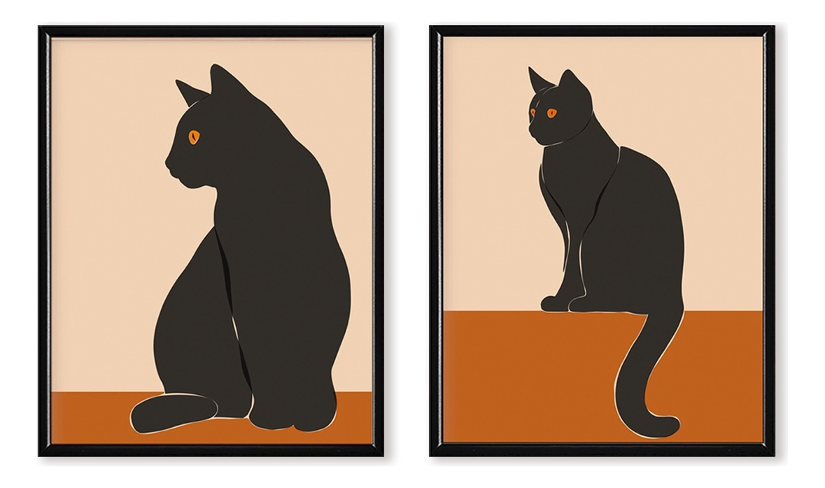 Foto 1 | Set 2 Cuadros Gato Negro Minimalista Moderno Marcos Madera