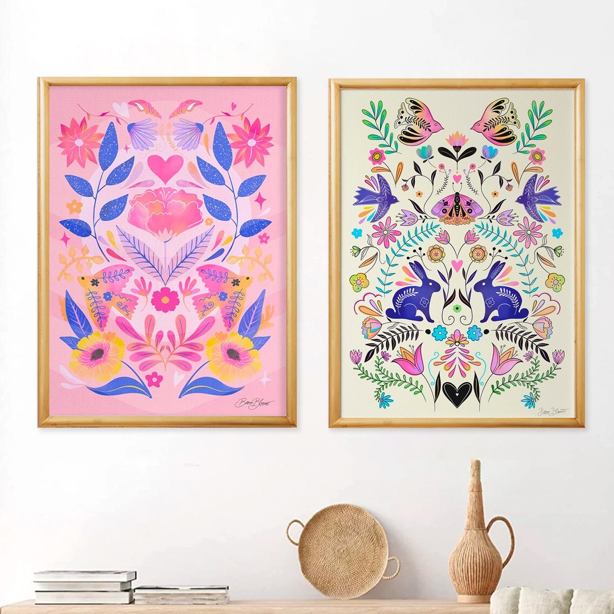 Set Cuadros Folclor México Colorido Flores Boho Marco Madera