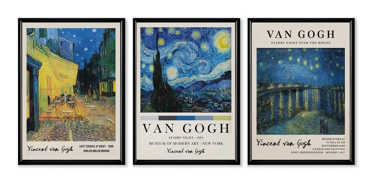 Foto 3 pulgar | Set 3 Cuadros Van Gogh Museo Noche Estrellada 60x40