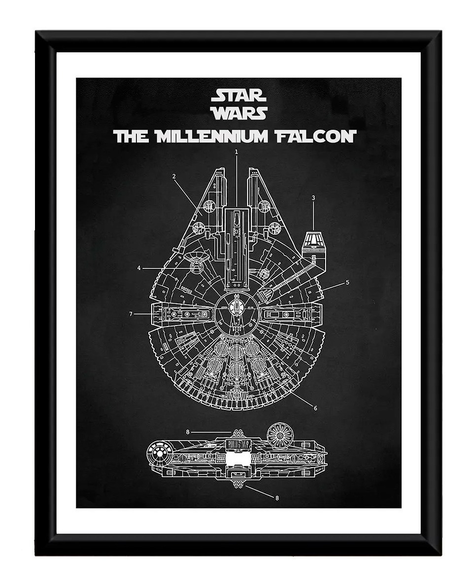 Cuadro Patente Millenium Falcon Star Wars Marco Negro Poliuretano Poster Laminado Mate Decorativo Materiales De Calidad