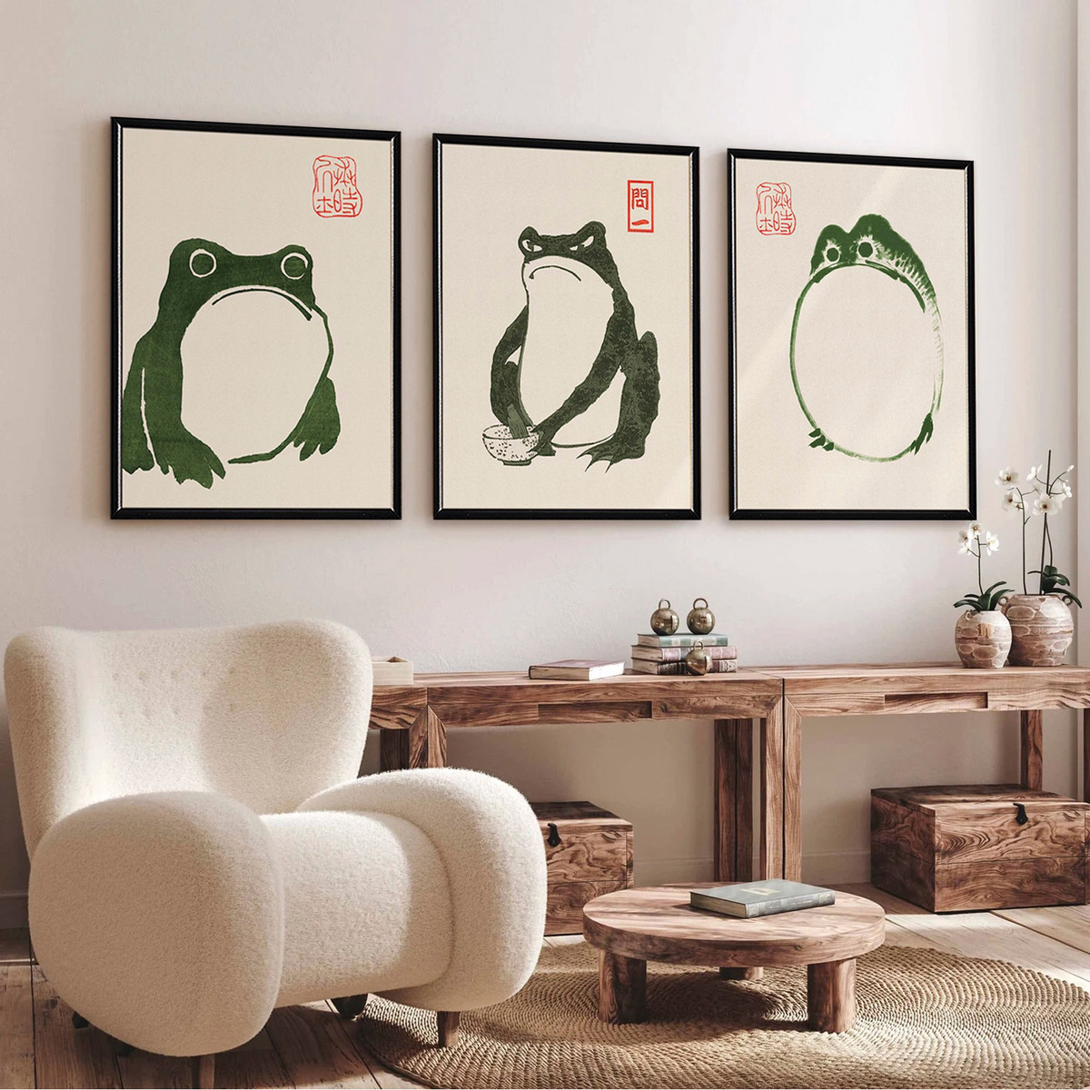 Set Cuadros Arte Japones Ranas Marcos Madera