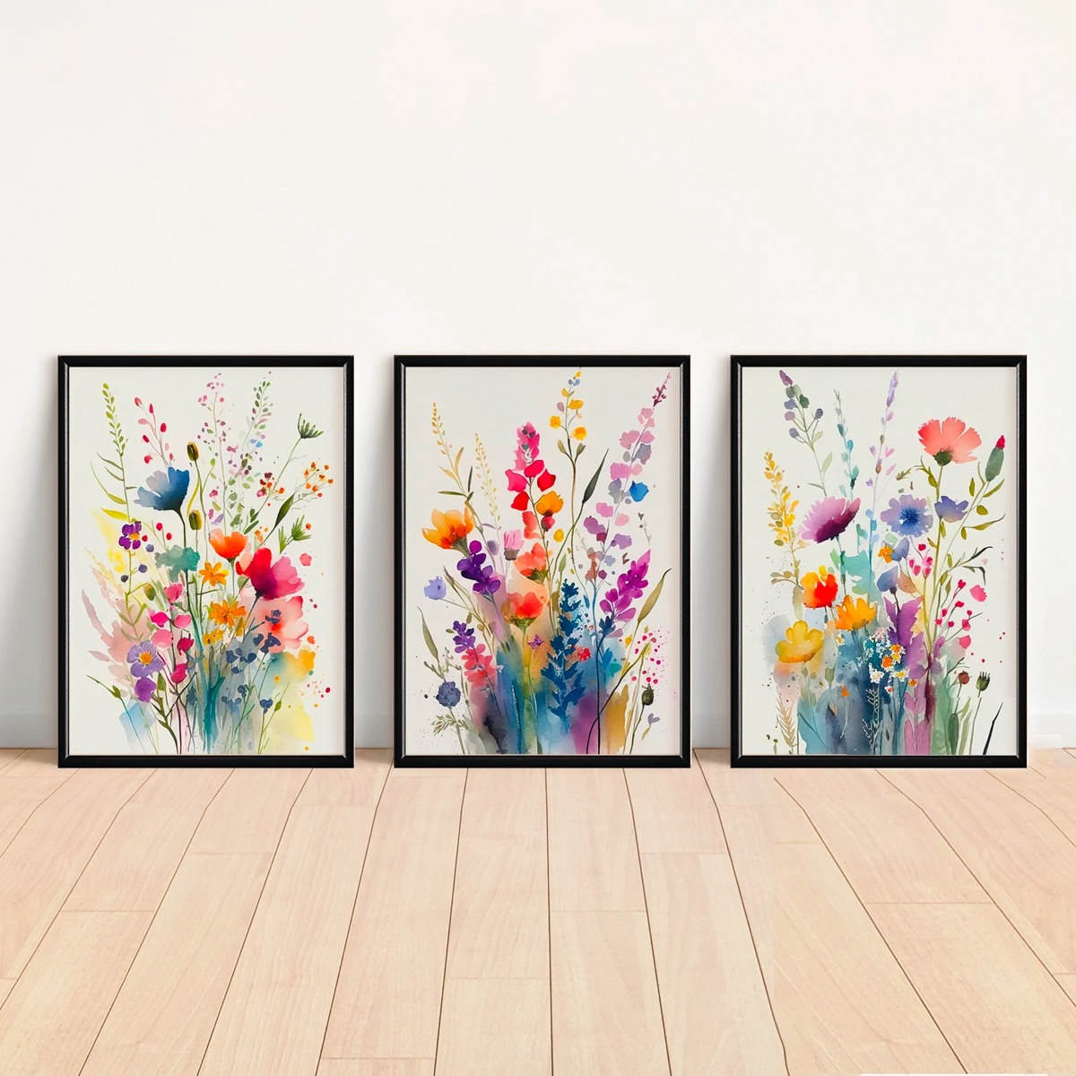 Set Cuadros Flores Acuarela Con Marco Madera Colorido Modern