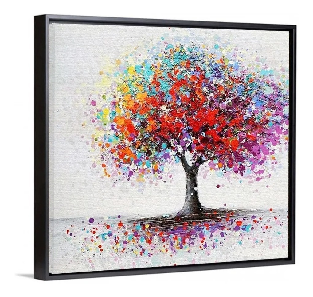 Cuadro Canvas Arbol Colores Con Marco Flotante Plata