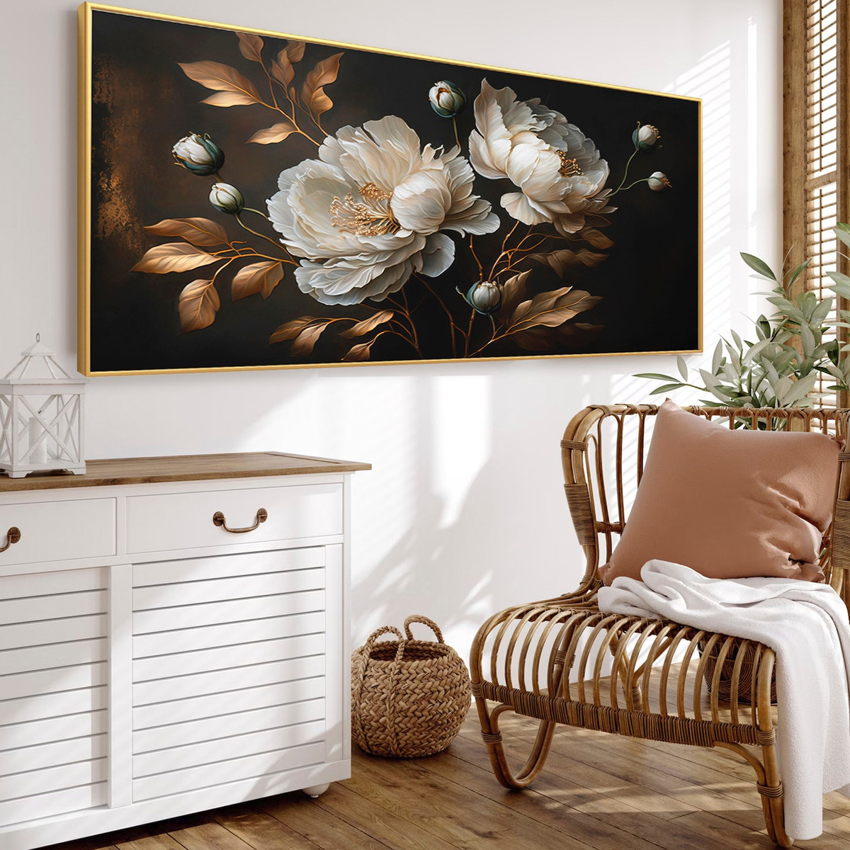 Cuadro Flores Doradas Modernas Canvas Y Marco Flotado 120x60