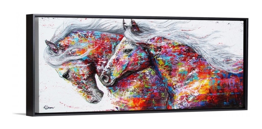 Cuadro Canvas Caballos Con Marco Flotante Abstracto Colores