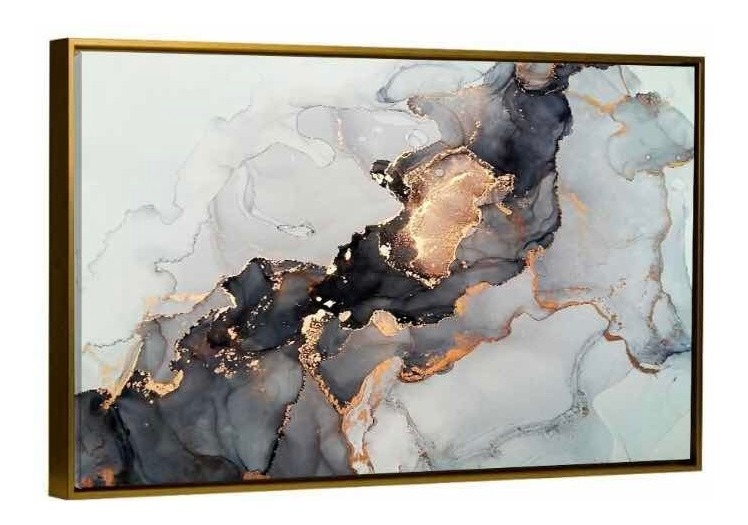 Cuadro Canvas Abstracto Mármol Oro Gris Con Marco Flotante