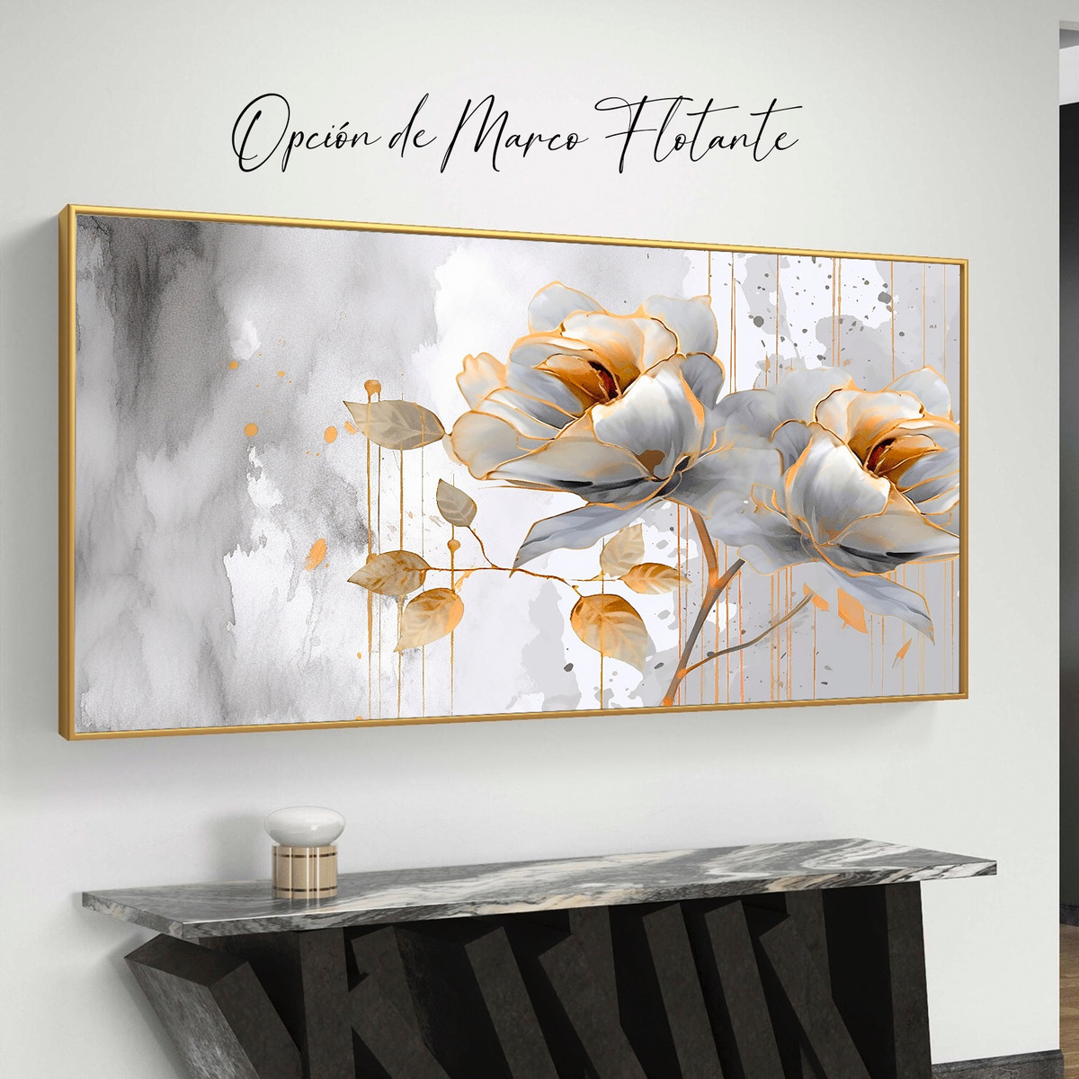 Cuadro Flores Doradas Modernas Canvas Y Marco Flotado 120x60
