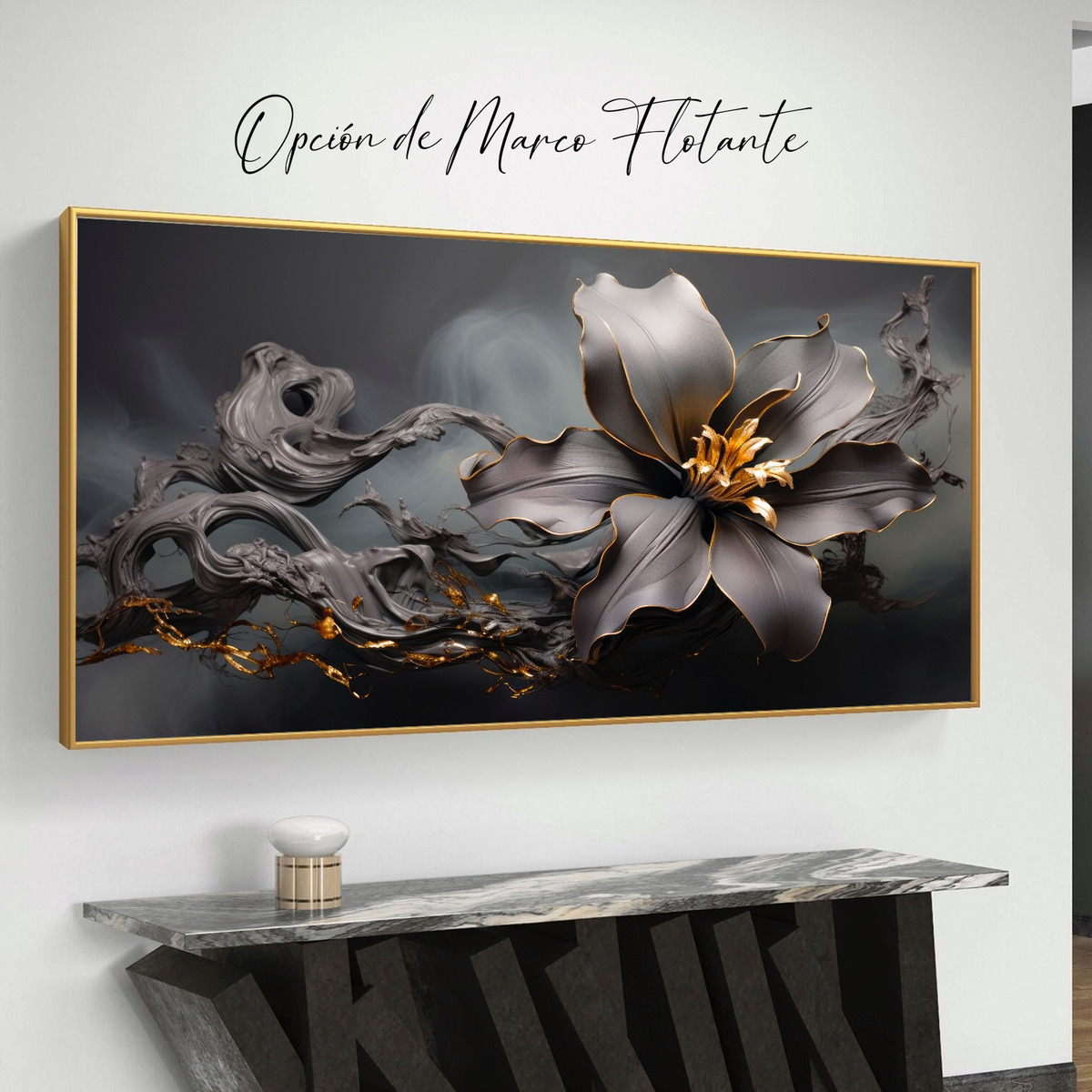Cuadro Flores Doradas Modernas Canvas Y Marco Flotado 120x60