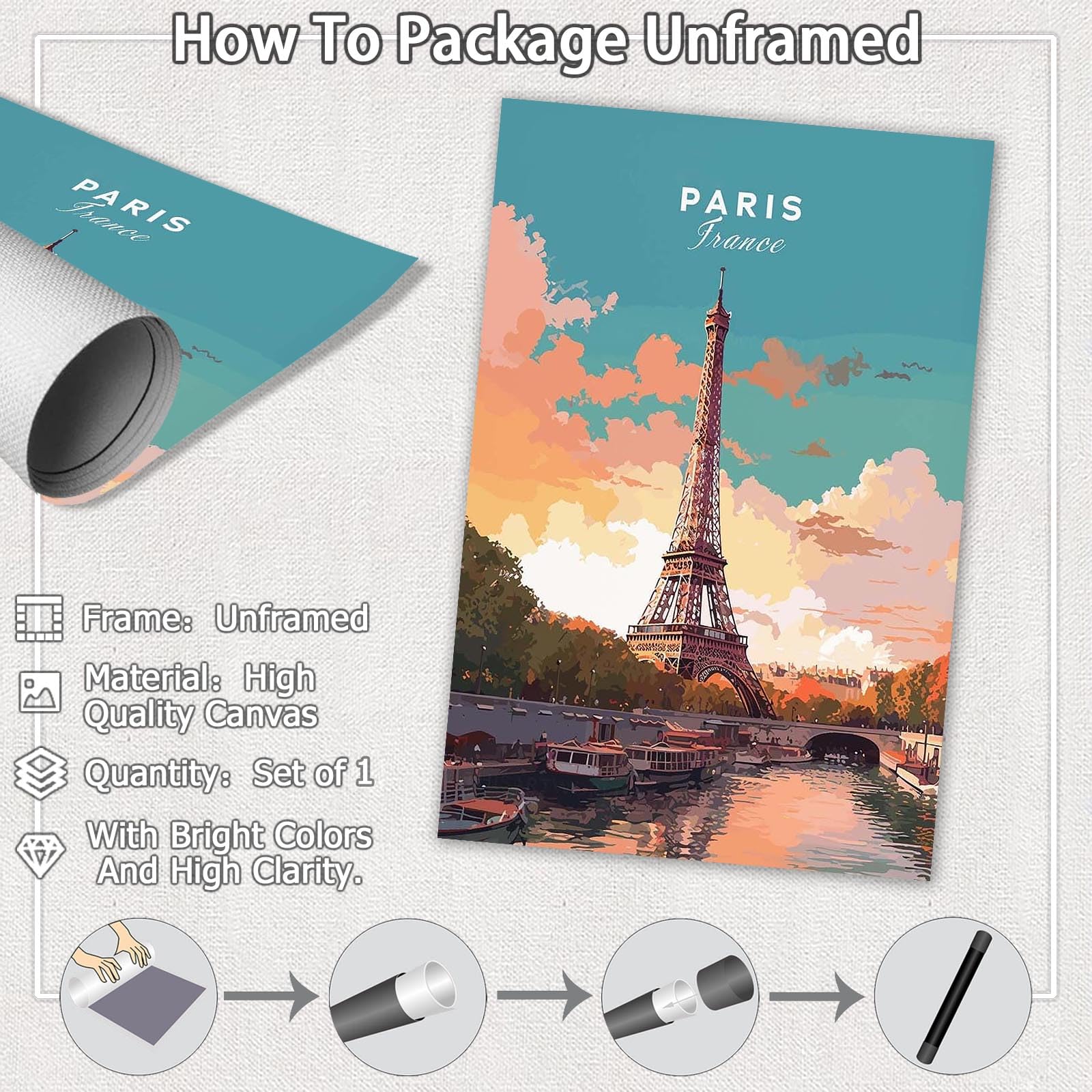 Foto 3 pulgar | Decoración Mural Vintage Con Paisaje De La Ciudad De París, Torre Eiffel, 40 X 60 Cm - Venta Internacional.