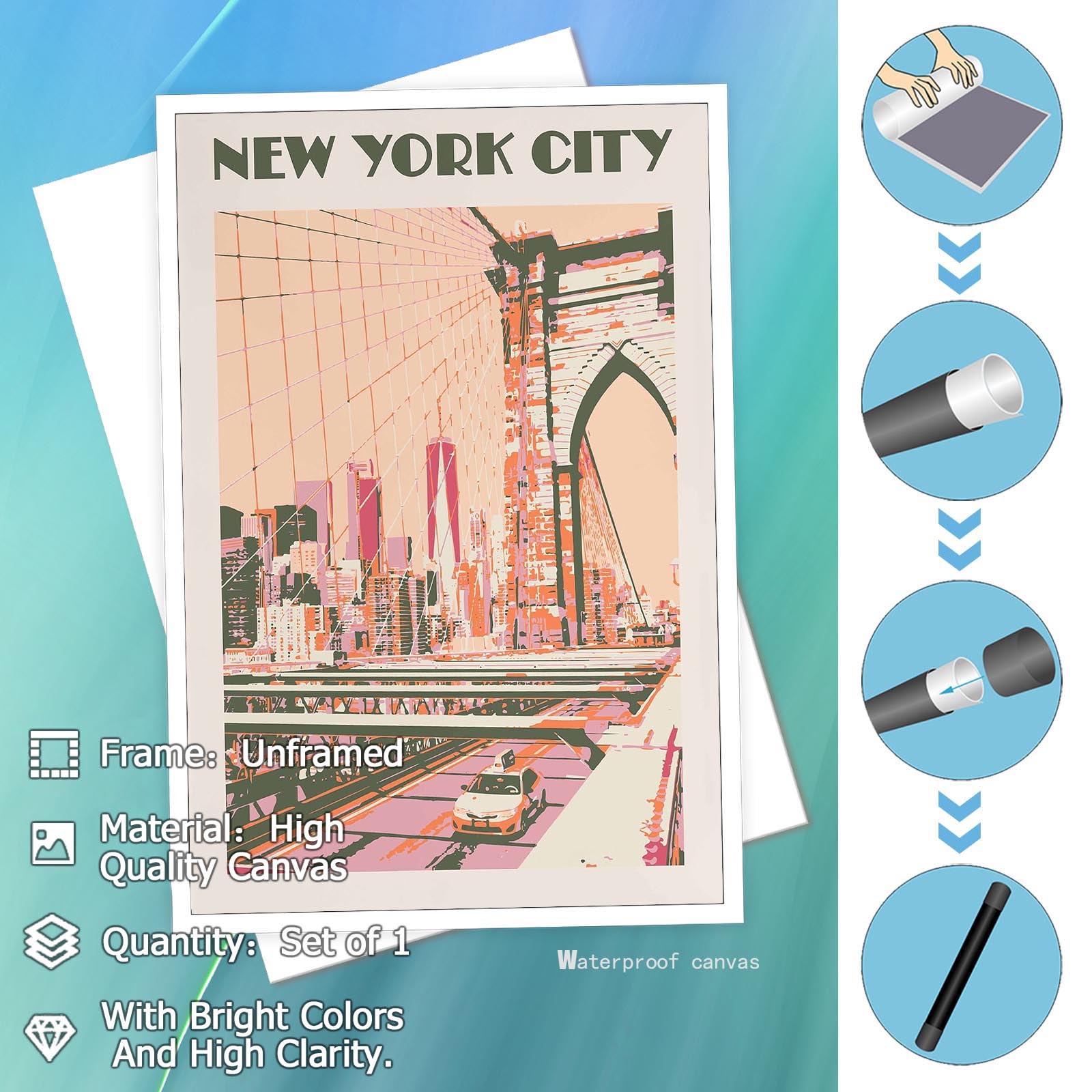 Foto 3 pulgar | Póster En Lienzo Vintage Con Paisaje De La Ciudad De Nueva York, 40 X 60 Cm - Venta Internacional.