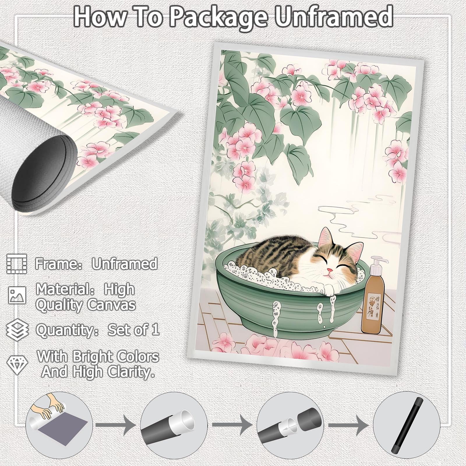 Foto 3 pulgar | Lienzo Decorativo Japonés Con Bonito Gato En La Bañera, 40 X 60 Cm - Venta Internacional.
