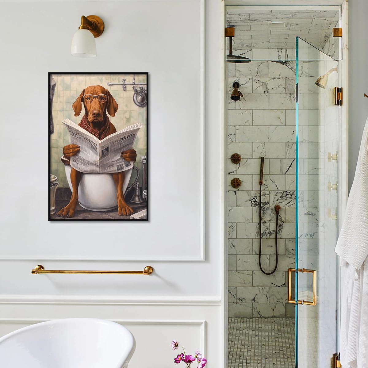 Foto 6 | Lienzo Decorativo Para Pared, Divertido Perro Leyendo El Periódico En El Inodoro, 40 X 60 Cm - Venta Internacional.