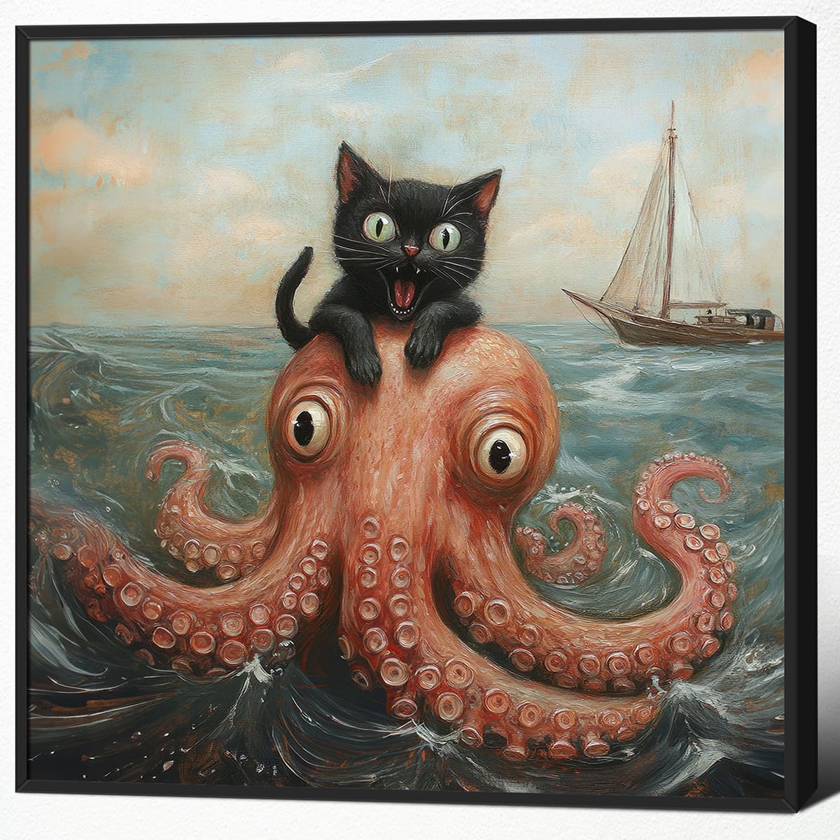 Foto 2 pulgar | Póster Decorativo De Pared Cute Black Cat Vs. Pulpo, 40 X 40 Cm, Enmarcado - Venta Internacional.