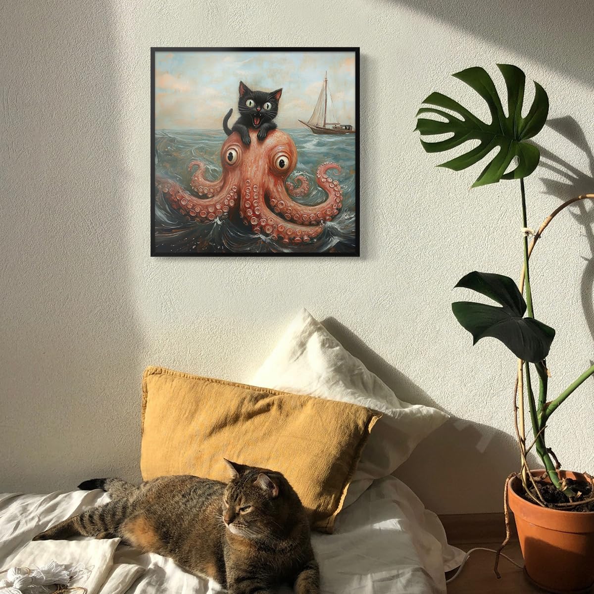 Foto 3 pulgar | Póster Decorativo De Pared Cute Black Cat Vs. Pulpo, 40 X 40 Cm, Enmarcado - Venta Internacional.