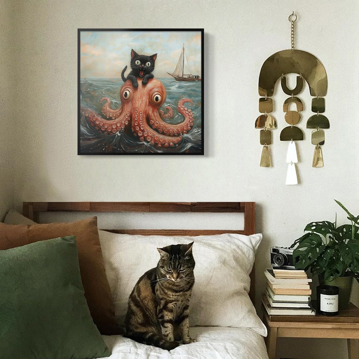 Foto 4 pulgar | Póster Decorativo De Pared Cute Black Cat Vs. Pulpo, 40 X 40 Cm, Enmarcado - Venta Internacional.