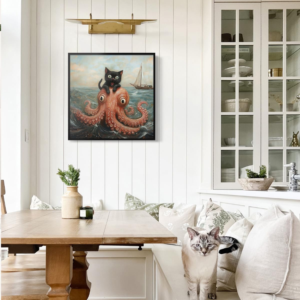 Foto 5 pulgar | Póster Decorativo De Pared Cute Black Cat Vs. Pulpo, 40 X 40 Cm, Enmarcado - Venta Internacional.