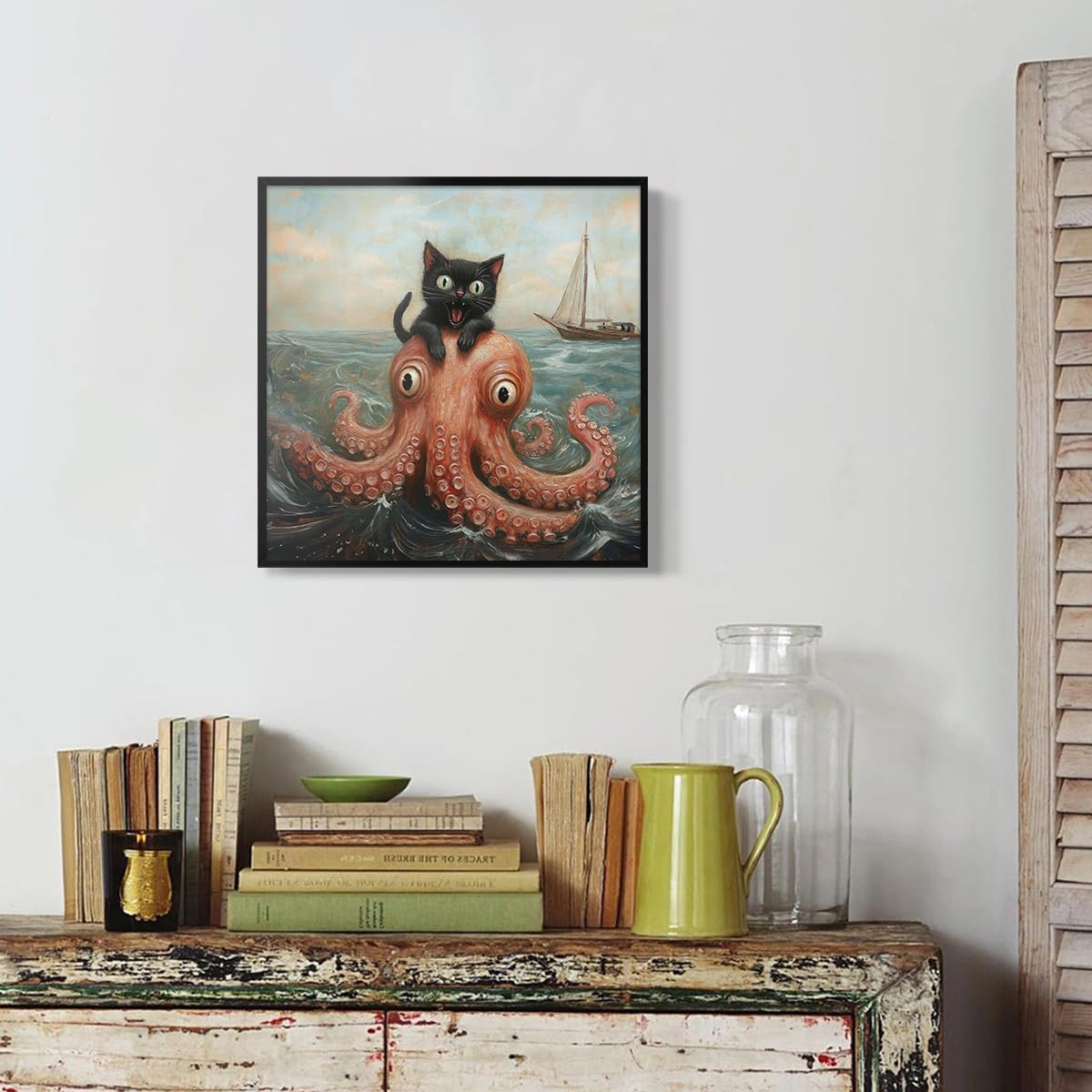 Foto 6 pulgar | Póster Decorativo De Pared Cute Black Cat Vs. Pulpo, 40 X 40 Cm, Enmarcado - Venta Internacional.