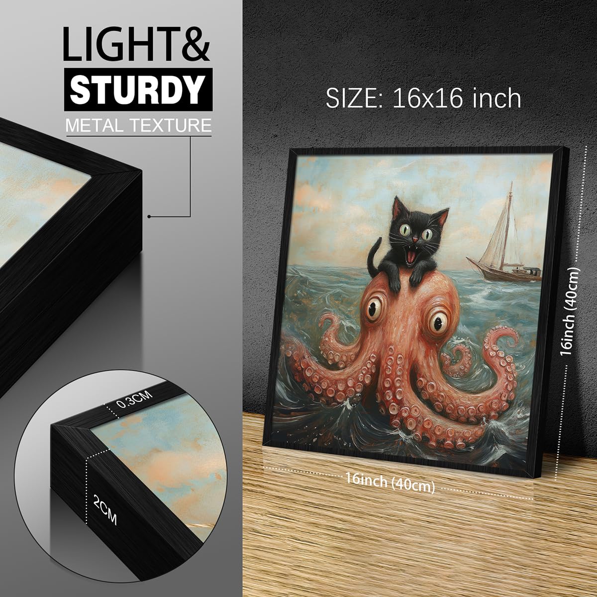 Foto 7 pulgar | Póster Decorativo De Pared Cute Black Cat Vs. Pulpo, 40 X 40 Cm, Enmarcado - Venta Internacional.