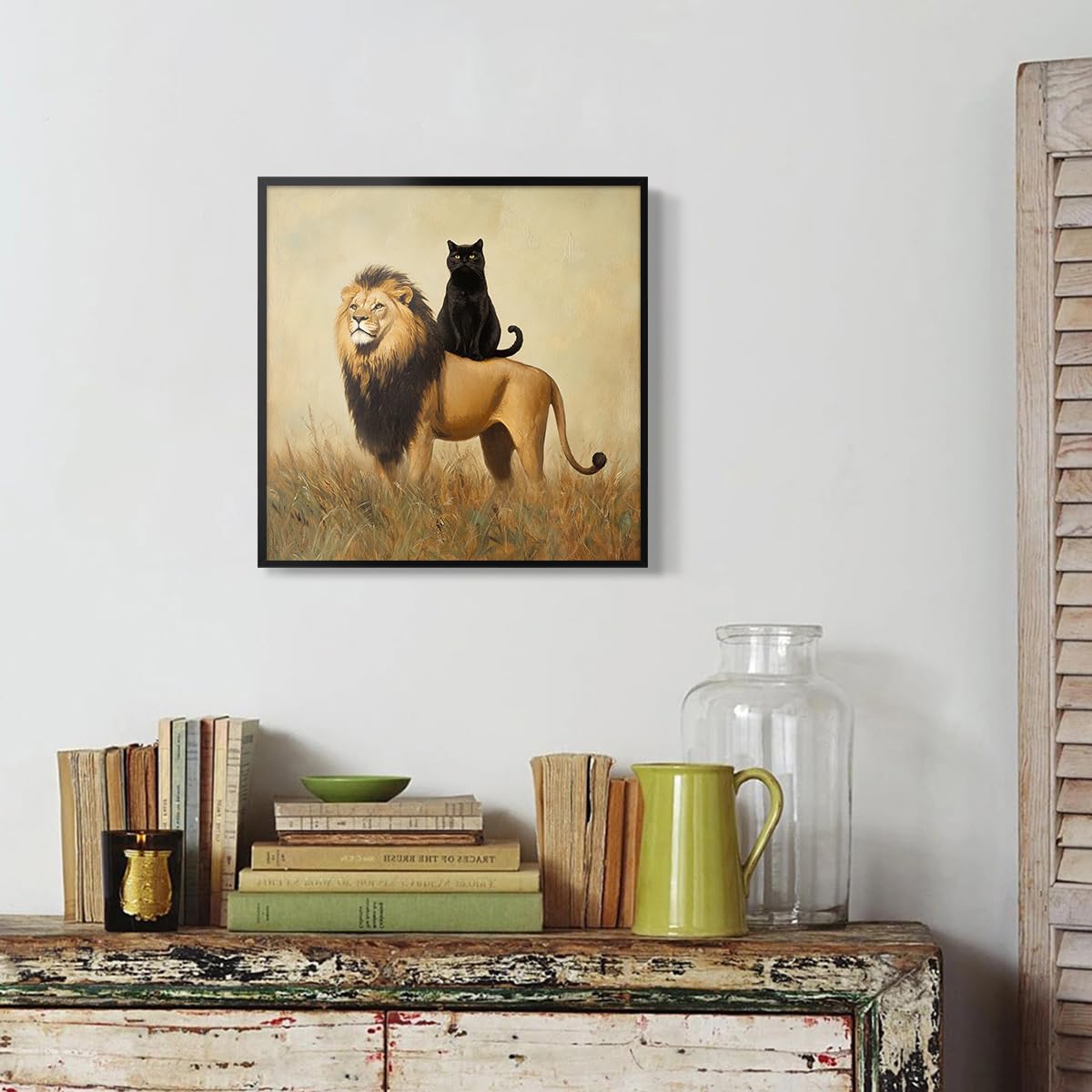 Foto 5 pulgar | Lienzo Decorativo Para Pared, Divertido Gato Negro Con Forma De León, 40 X 40 Cm, Enmarcado - Venta Internacional.