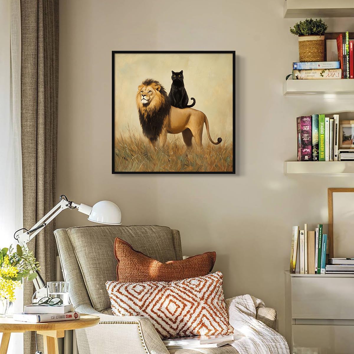 Foto 6 pulgar | Lienzo Decorativo Para Pared, Divertido Gato Negro Con Forma De León, 40 X 40 Cm, Enmarcado - Venta Internacional.